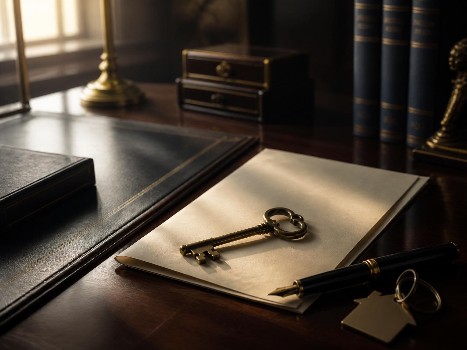 Brass key and folded deed on a lawyer's mahogany desk